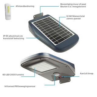 Straatverlichting zonne-energie 6.5 Watt LED, Lamp zonne-energie